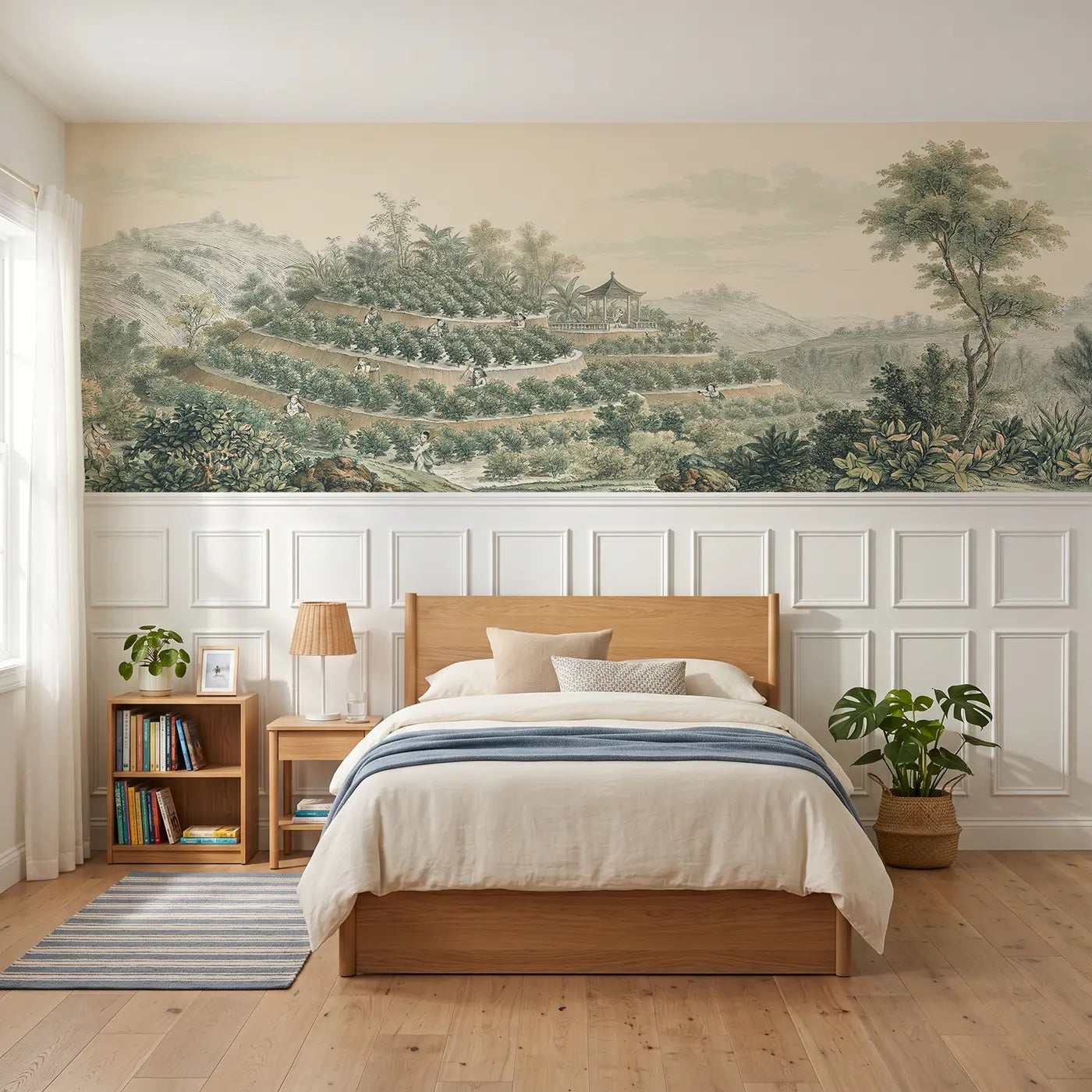 Botanical Elegance hillside tea garden wainscoting wallpaper for bedroom by Whimsy Tots