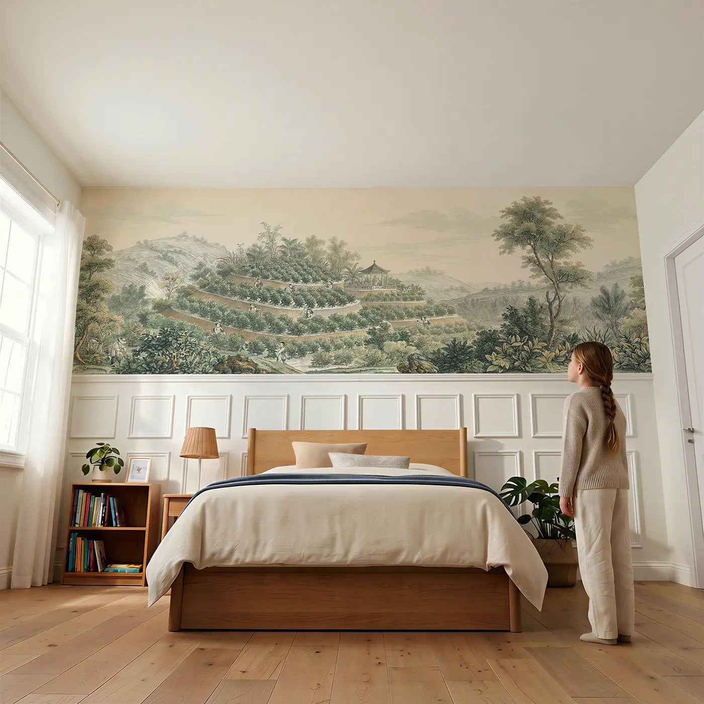 Child reading near Hillside Tea Garden Wainscoting Wallpaper by Whimsy Tots