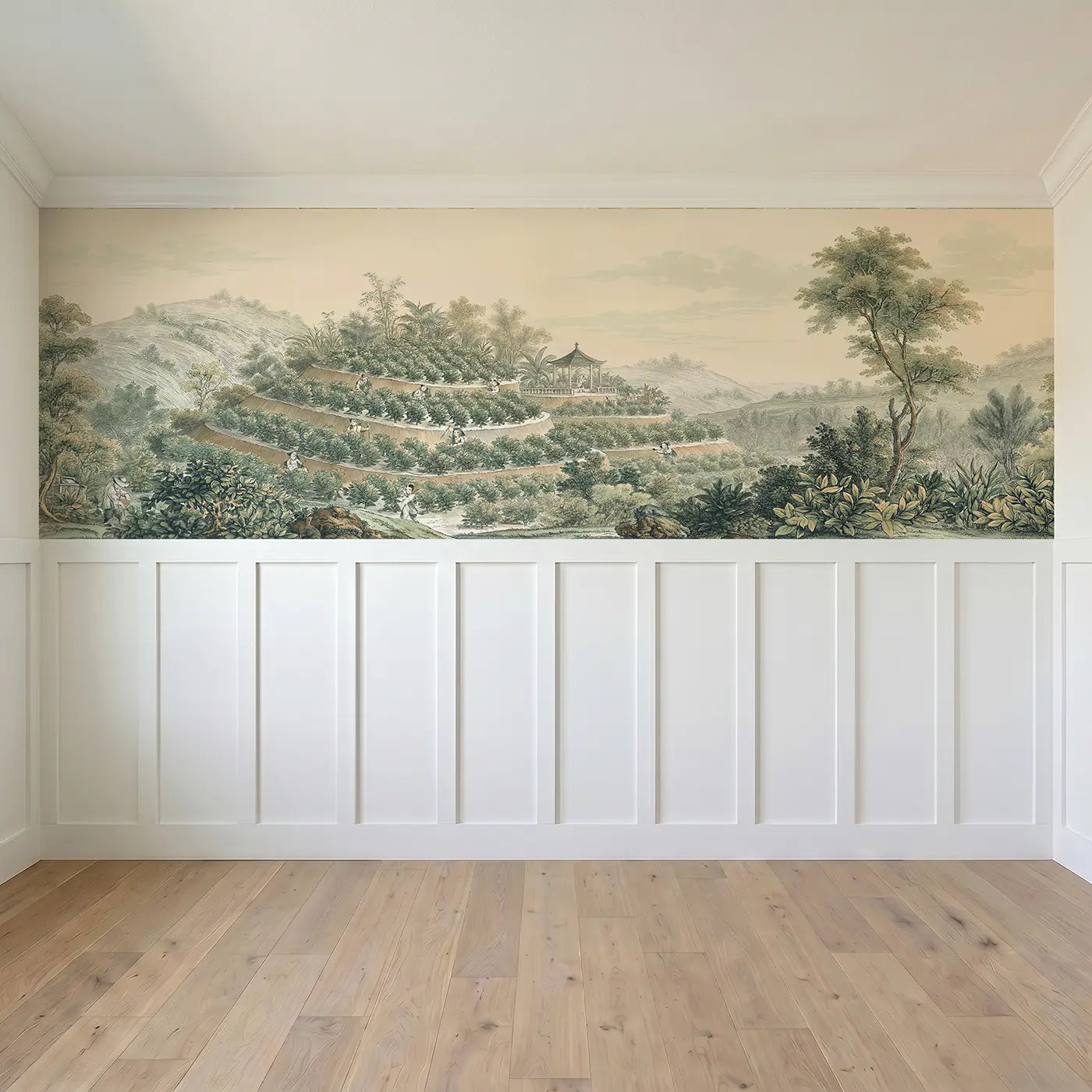 Full panel view of Hillside Tea Garden Wainscoting Wallpaper by Whimsy Tots