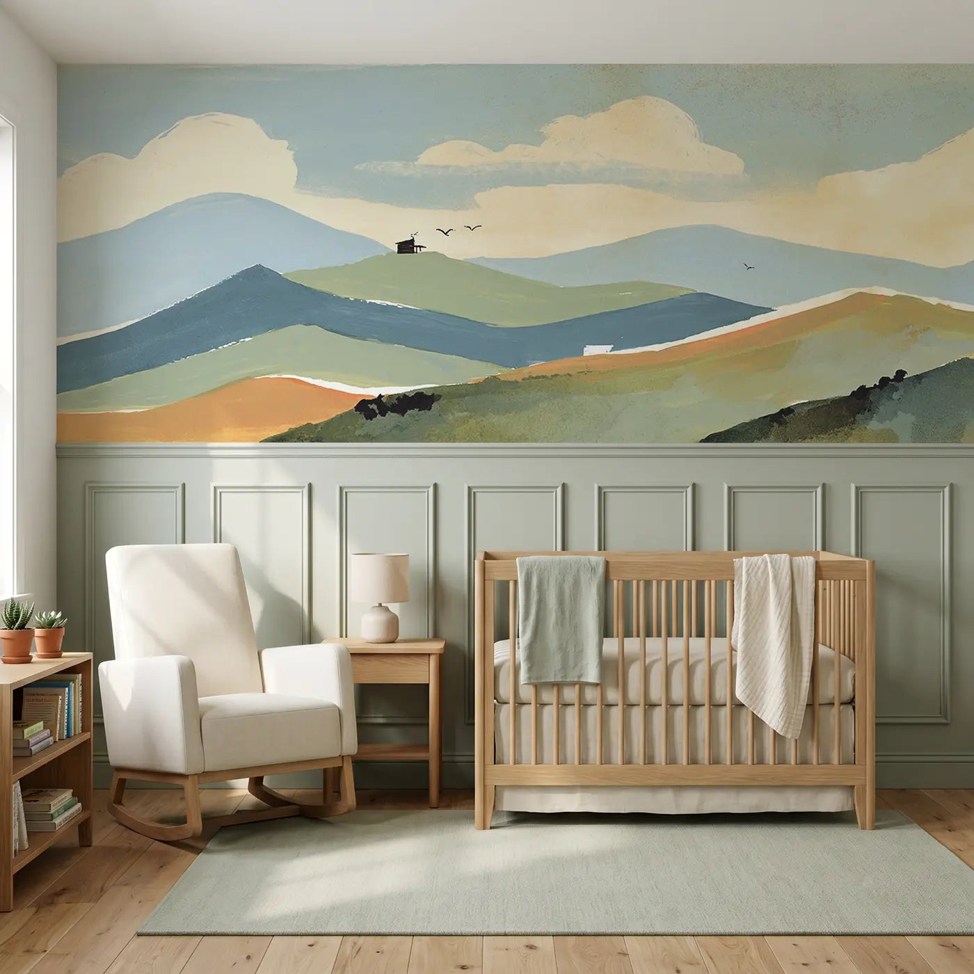 Modern Illustration graphic mountain layers wainscoting wallpaper for nursery by Whimsy Tots