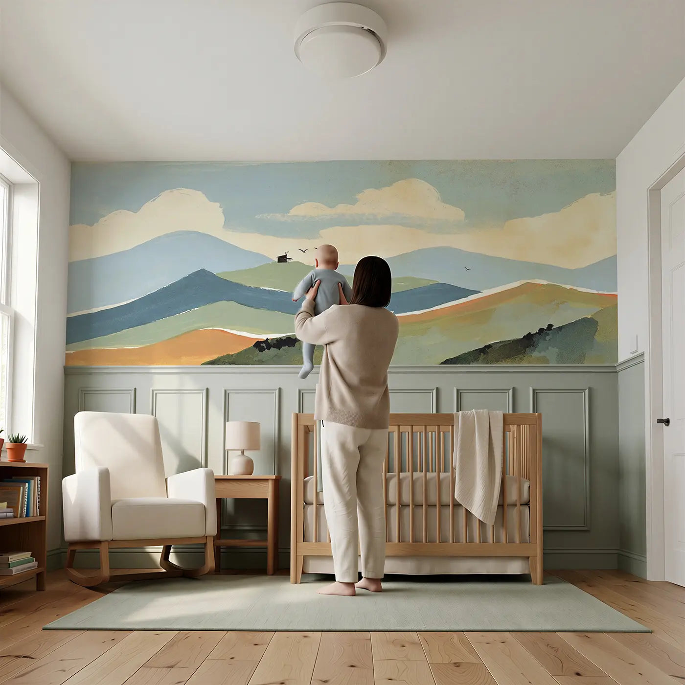 Child reading near Graphic Mountain Layers Wainscoting Wallpaper by Whimsy Tots