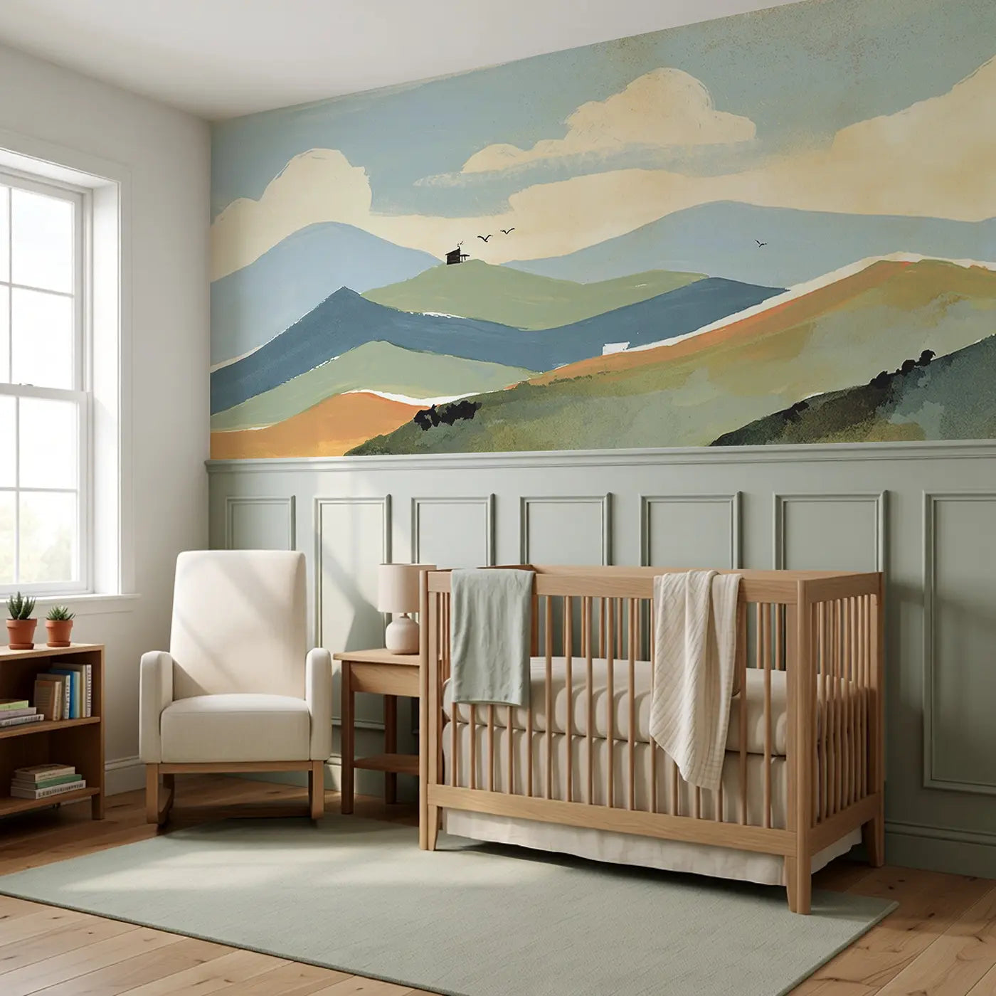 Graphic Mountain Layers Wainscoting Wallpaper styled in a kids bedroom by Whimsy Tots