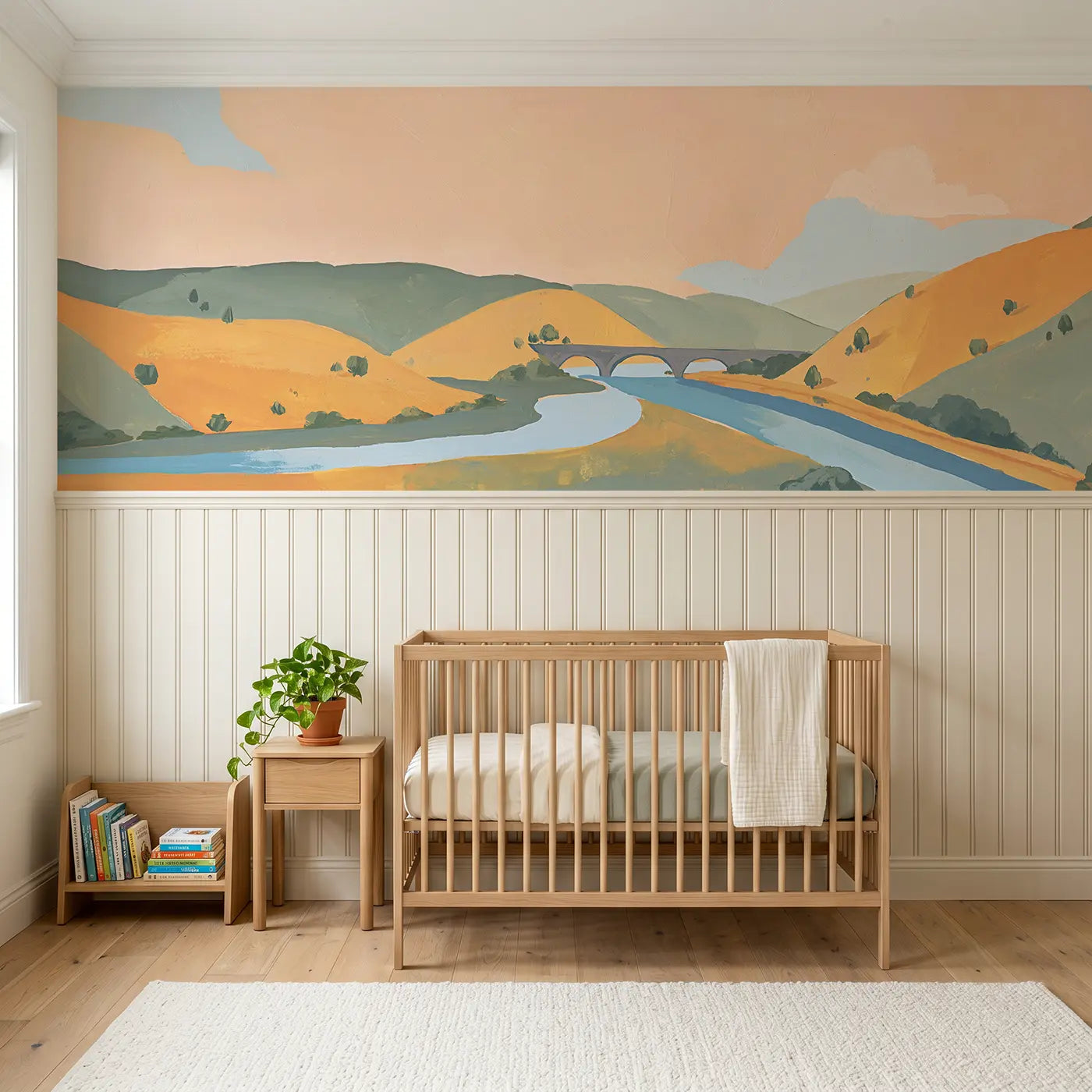 Modern Illustration flat valley river scene wainscoting wallpaper for nursery by Whimsy Tots