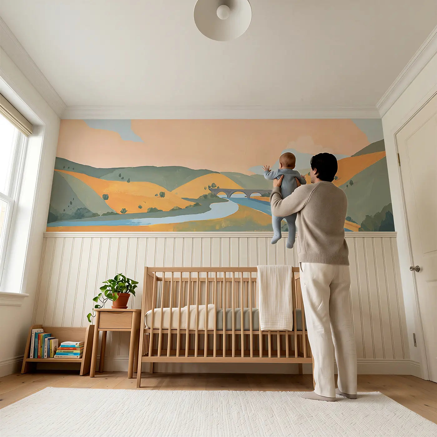Child reading near Flat Valley River Scene Wainscoting Wallpaper by Whimsy Tots
