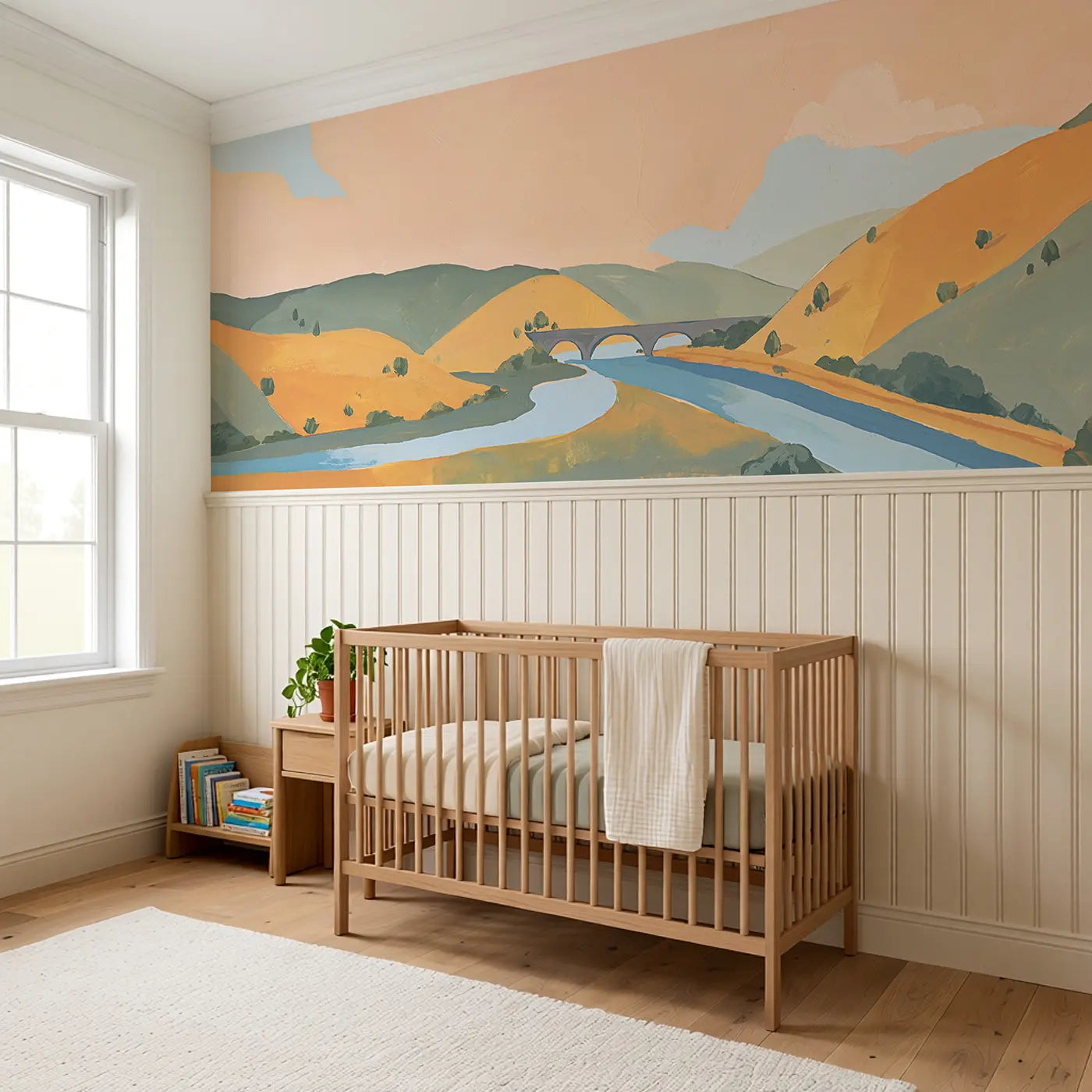 Flat Valley River Scene Wainscoting Wallpaper styled in a kids bedroom by Whimsy Tots