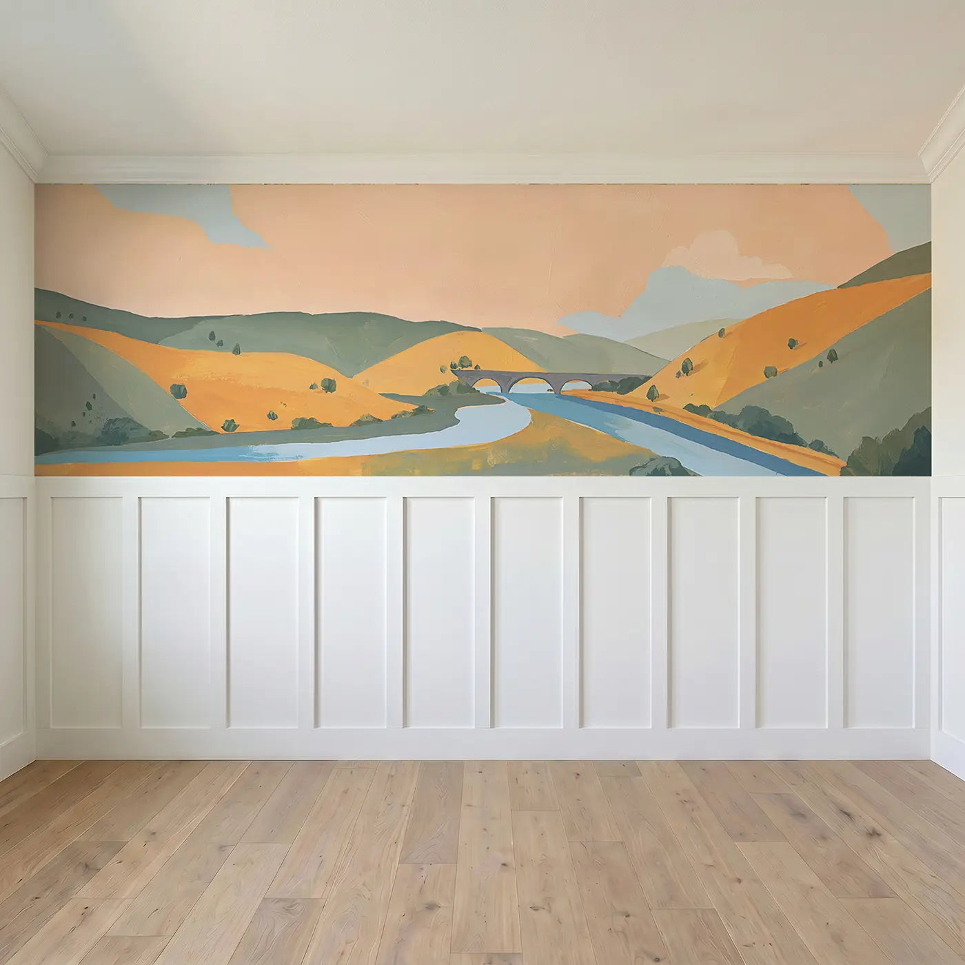 Full panel view of Flat Valley River Scene Wainscoting Wallpaper by Whimsy Tots
