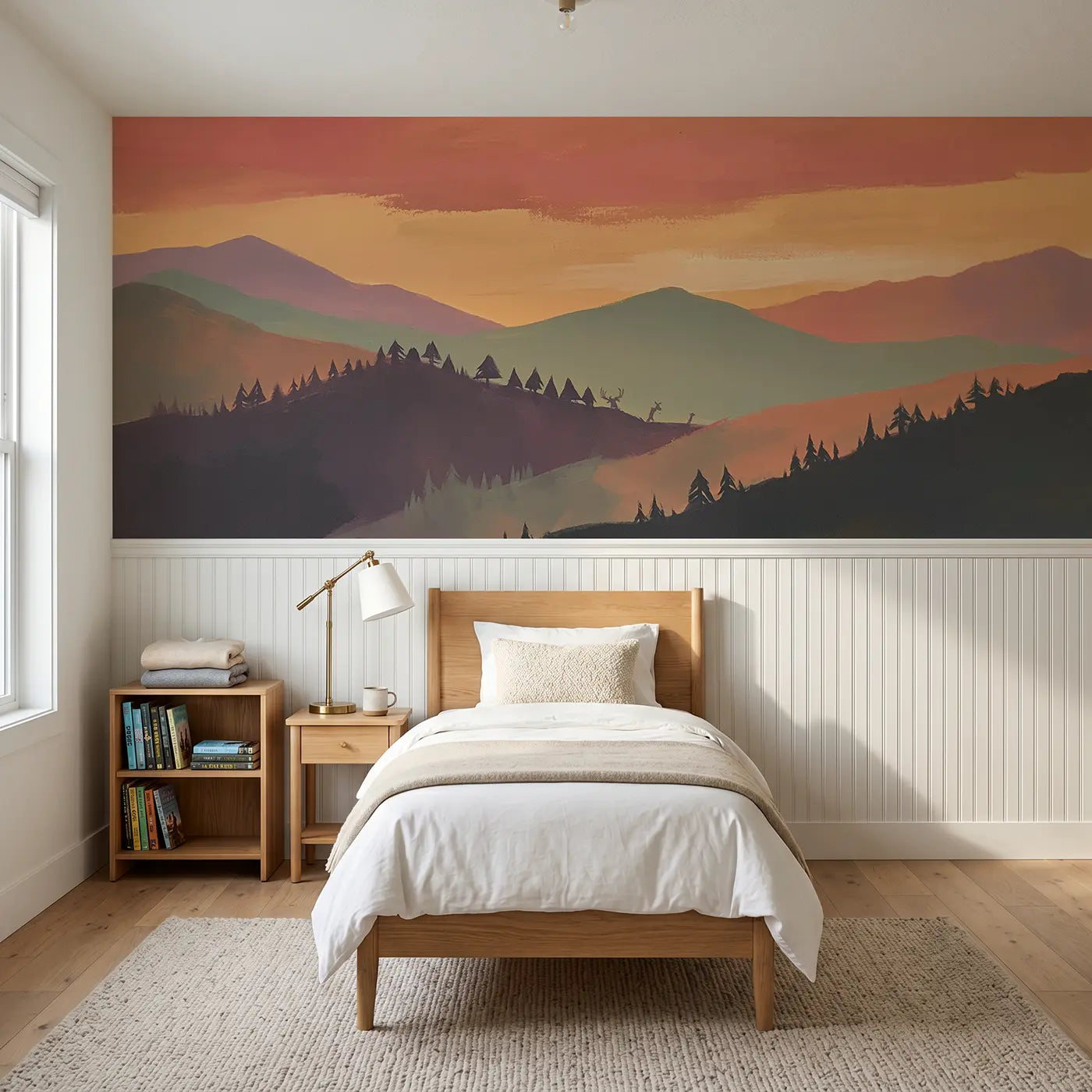 Modern Illustration bold sunset mountain bands wainscoting wallpaper for bedroom by Whimsy Tots
