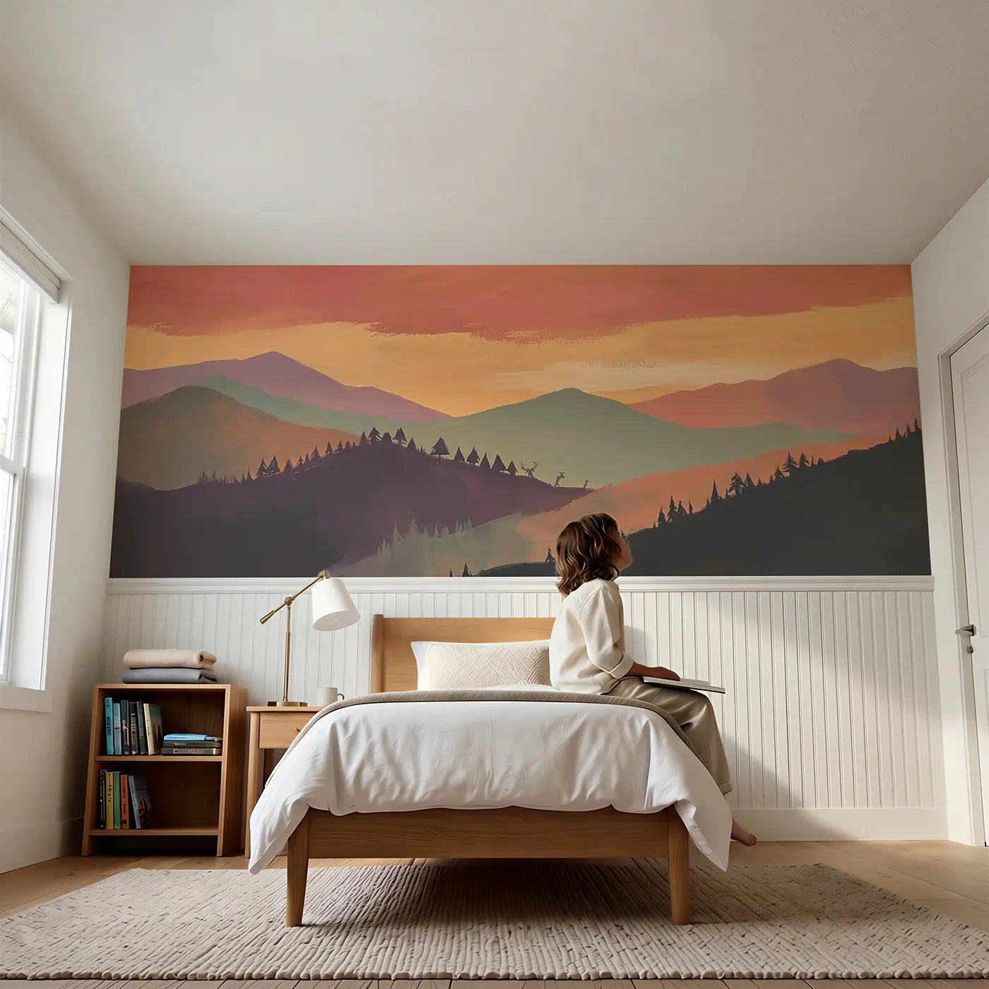 Child reading near Bold Sunset Mountain Bands Wainscoting Wallpaper by Whimsy Tots