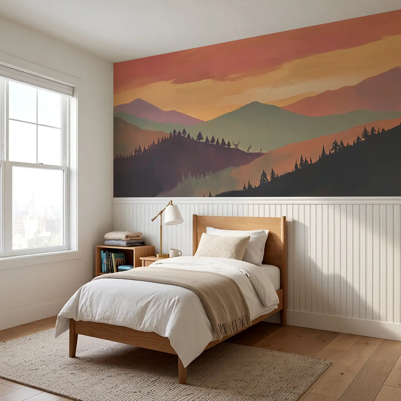 Bold Sunset Mountain Bands Wainscoting Wallpaper styled in a kids bedroom by Whimsy Tots