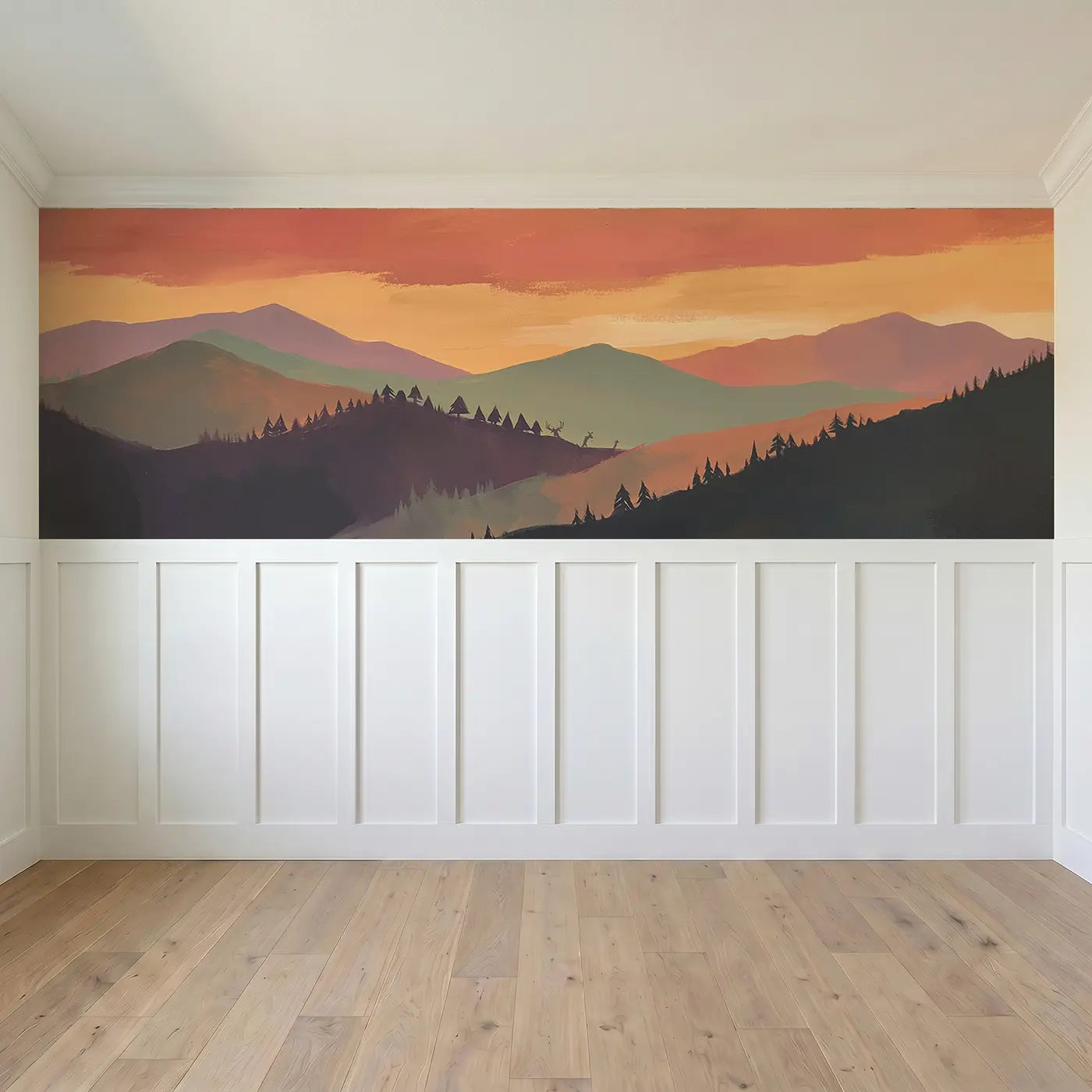 Full panel view of Bold Sunset Mountain Bands Wainscoting Wallpaper by Whimsy Tots