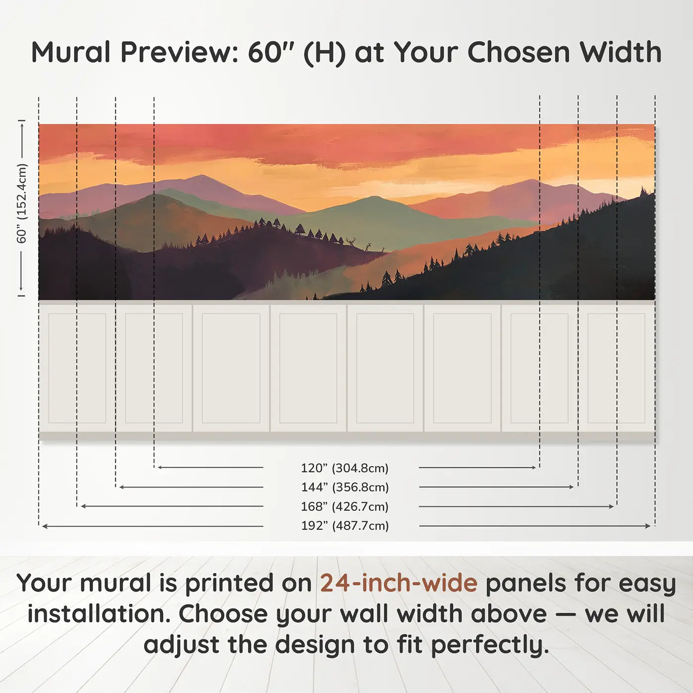 Panel dimensions for Bold Sunset Mountain Bands Wainscoting Wallpaper by Whimsy Tots