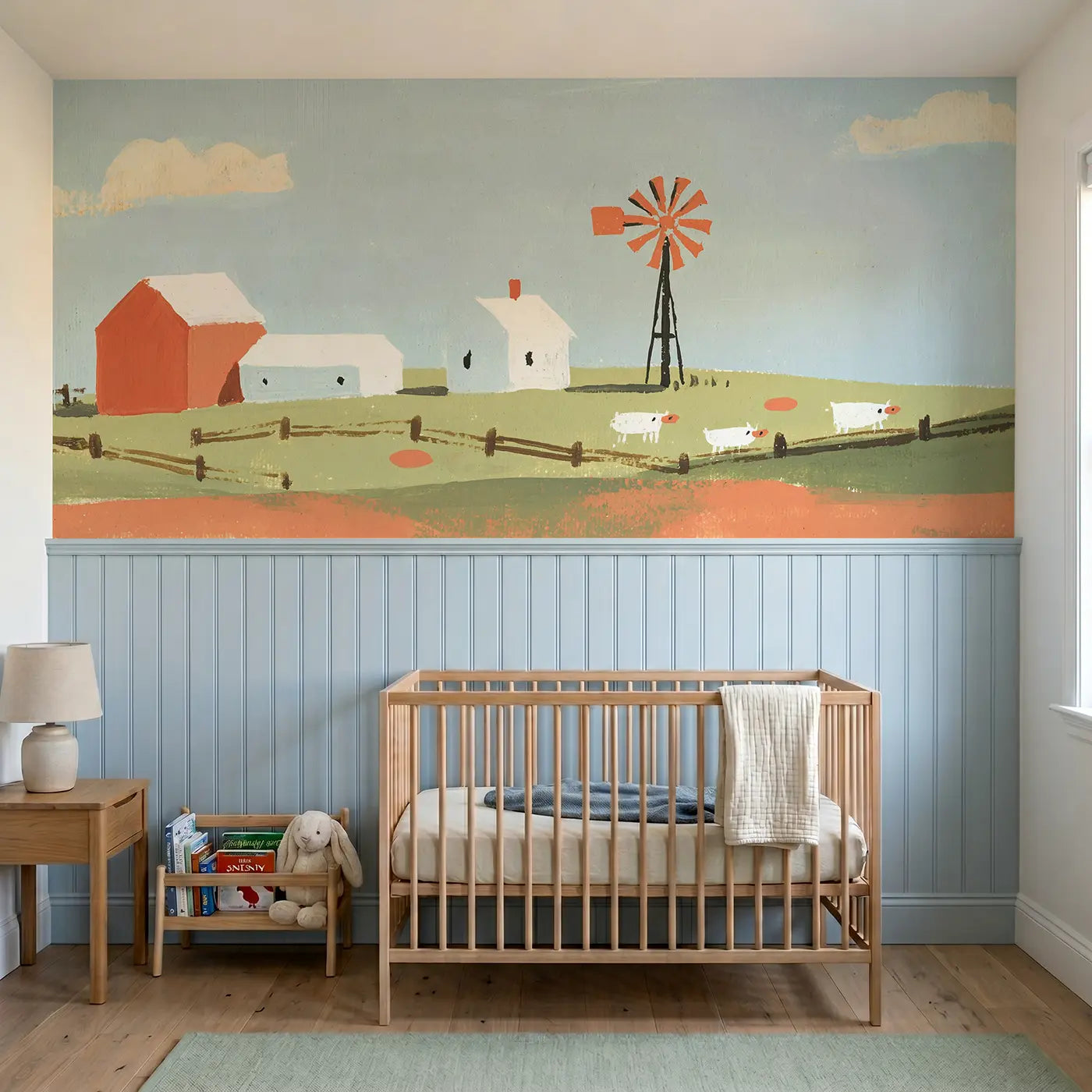 Modern Illustration Scandi hill farm scene wainscoting wallpaper for nursery by Whimsy Tots