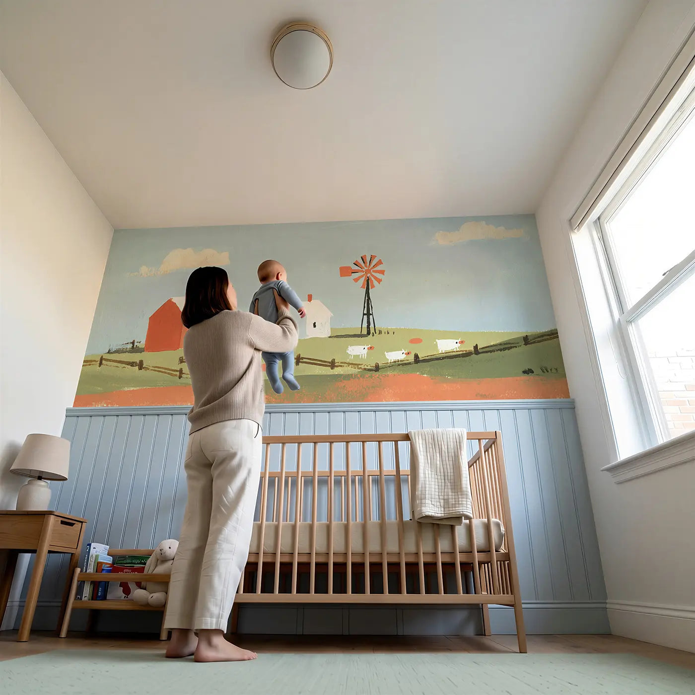 Child reading near Scandi Hill Farm Scene Wainscoting Wallpaper by Whimsy Tots
