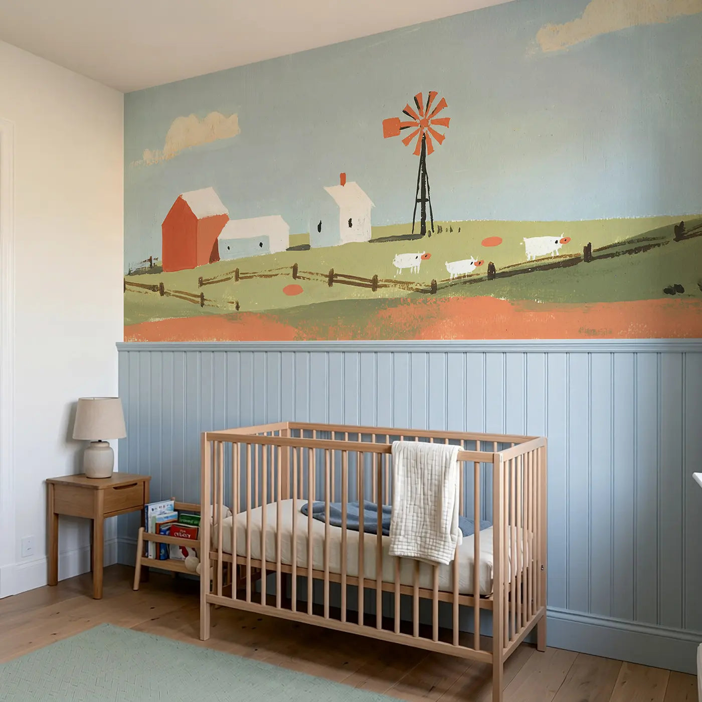Scandi Hill Farm Scene Wainscoting Wallpaper styled in a kids bedroom by Whimsy Tots