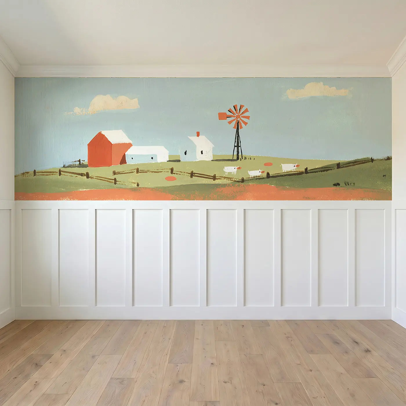 Full panel view of Scandi Hill Farm Scene Wainscoting Wallpaper by Whimsy Tots