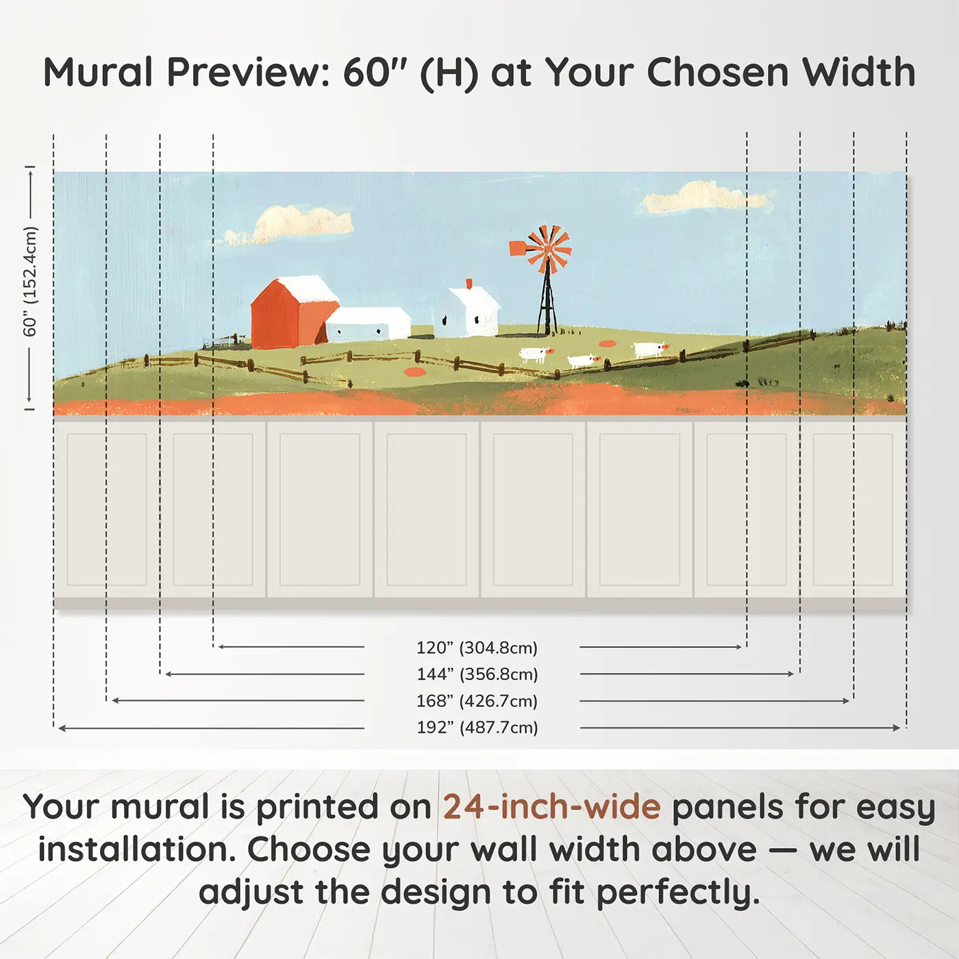 Panel dimensions for Scandi Hill Farm Scene Wainscoting Wallpaper by Whimsy Tots