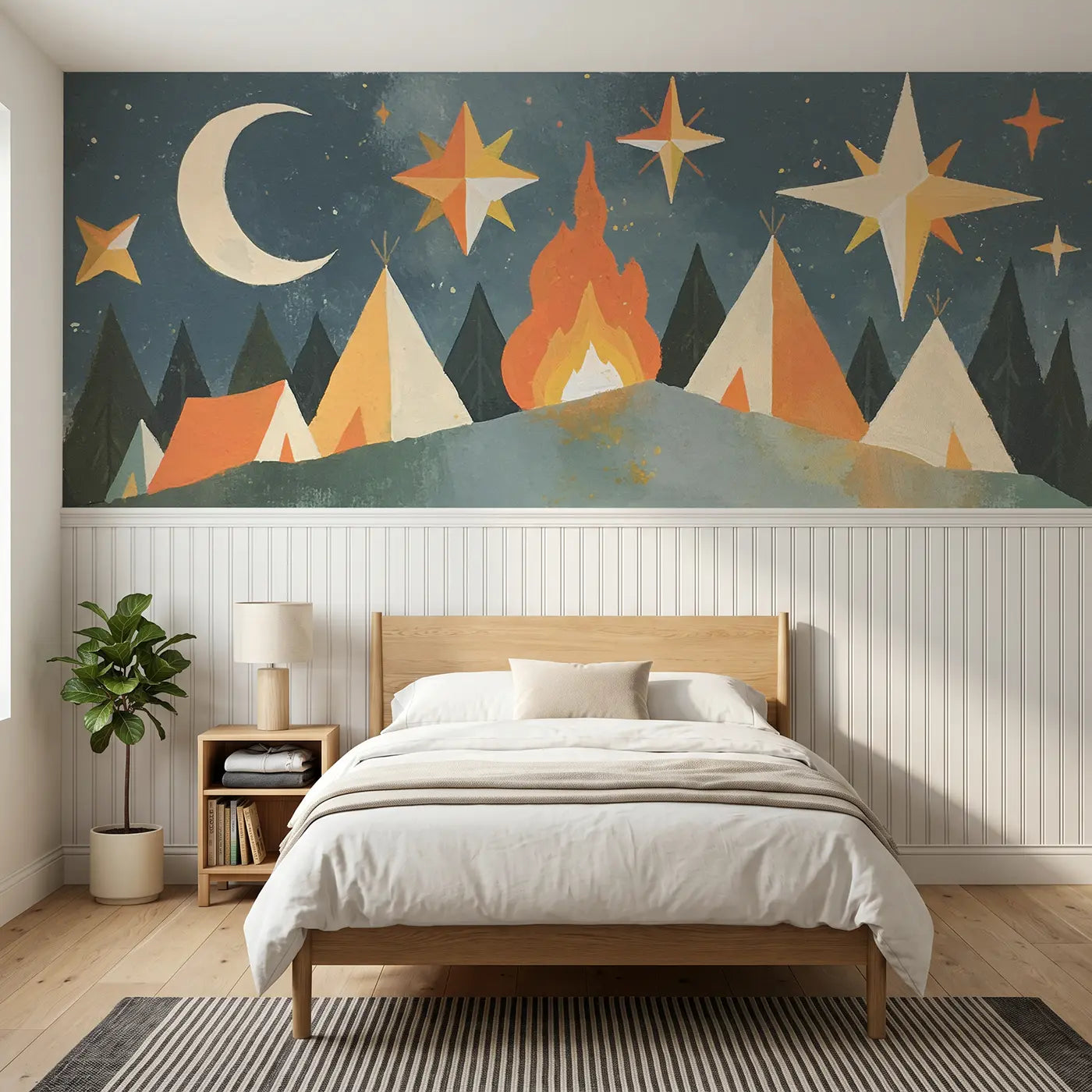 Modern Illustration graphic night mountain camp wainscoting wallpaper for bedroom by Whimsy Tots