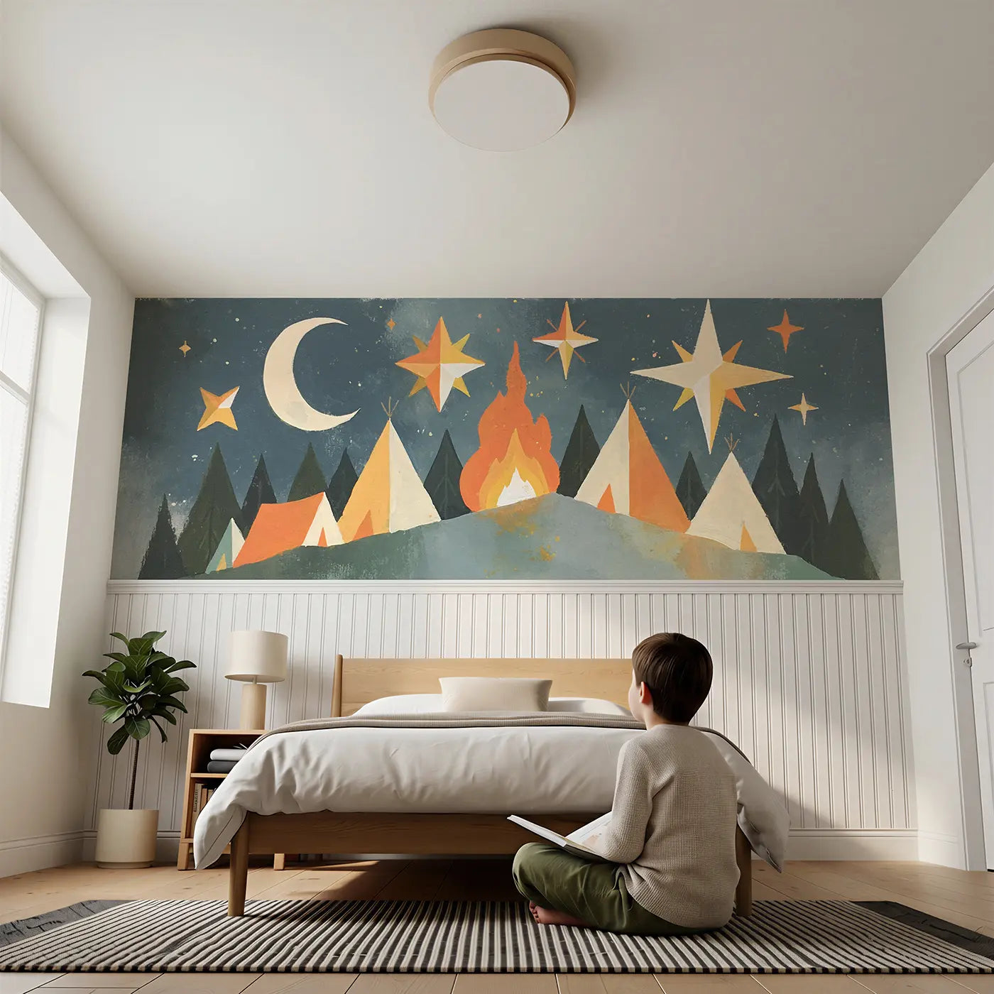 Child reading near Graphic Night Mountain Camp Wainscoting Wallpaper by Whimsy Tots