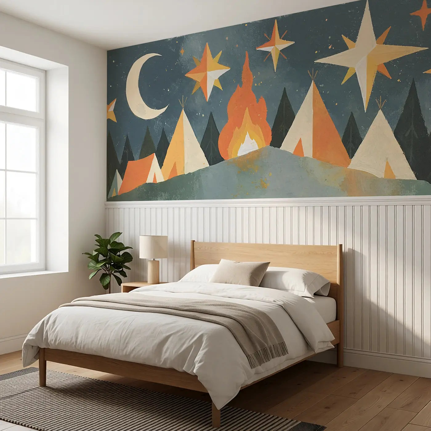 Graphic Night Mountain Camp Wainscoting Wallpaper styled in a kids bedroom by Whimsy Tots