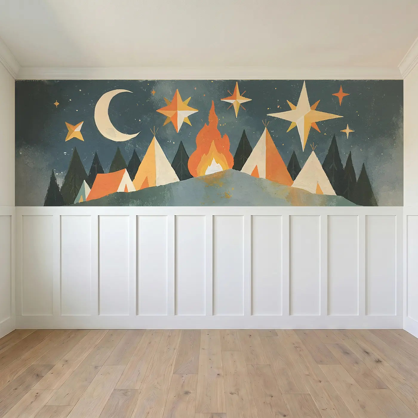 Full panel view of Graphic Night Mountain Camp Wainscoting Wallpaper by Whimsy Tots