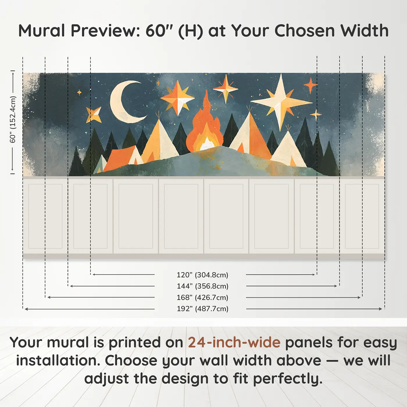 Panel dimensions for Graphic Night Mountain Camp Wainscoting Wallpaper by Whimsy Tots