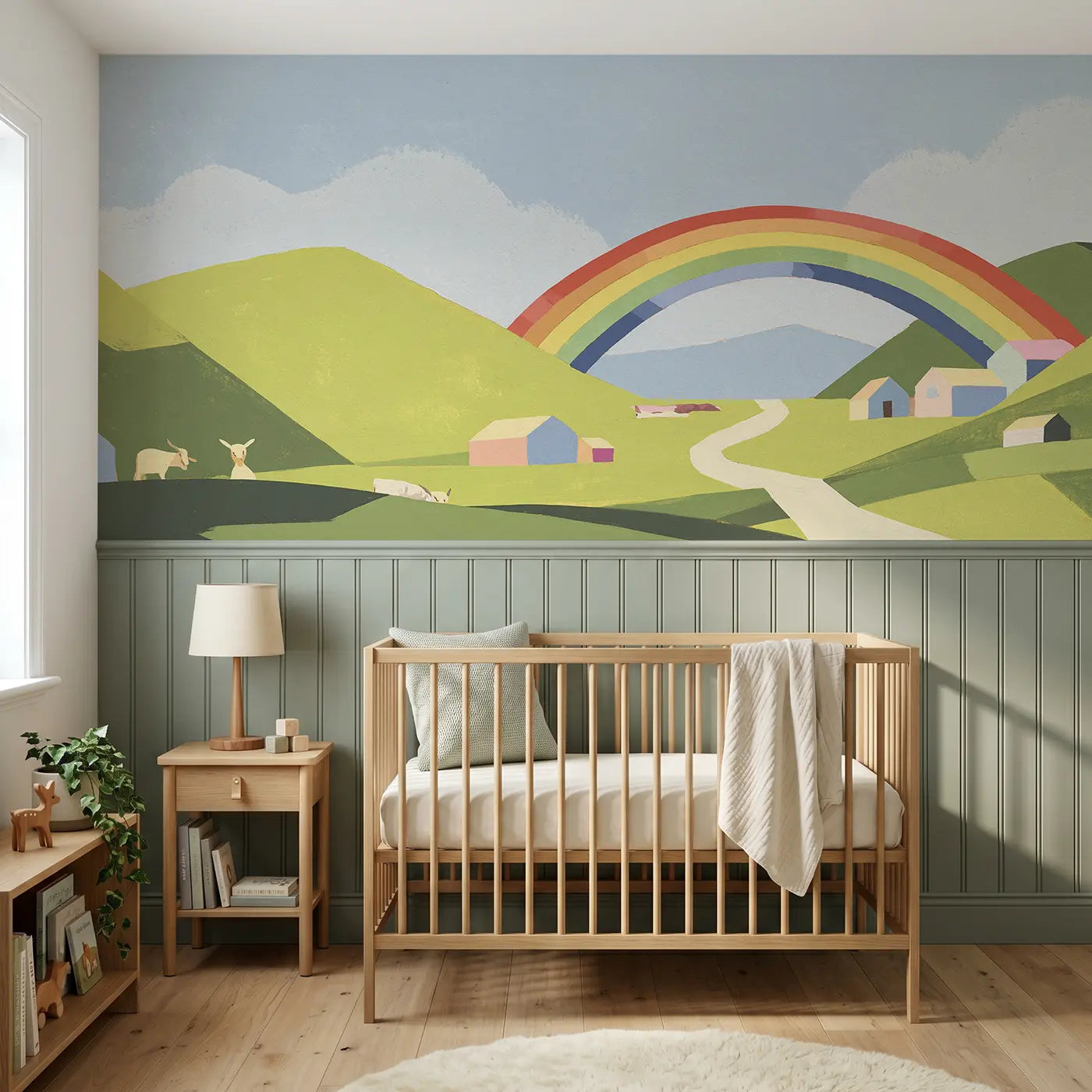 Modern Illustration flat rainbow valley wainscoting wallpaper for nursery by Whimsy Tots