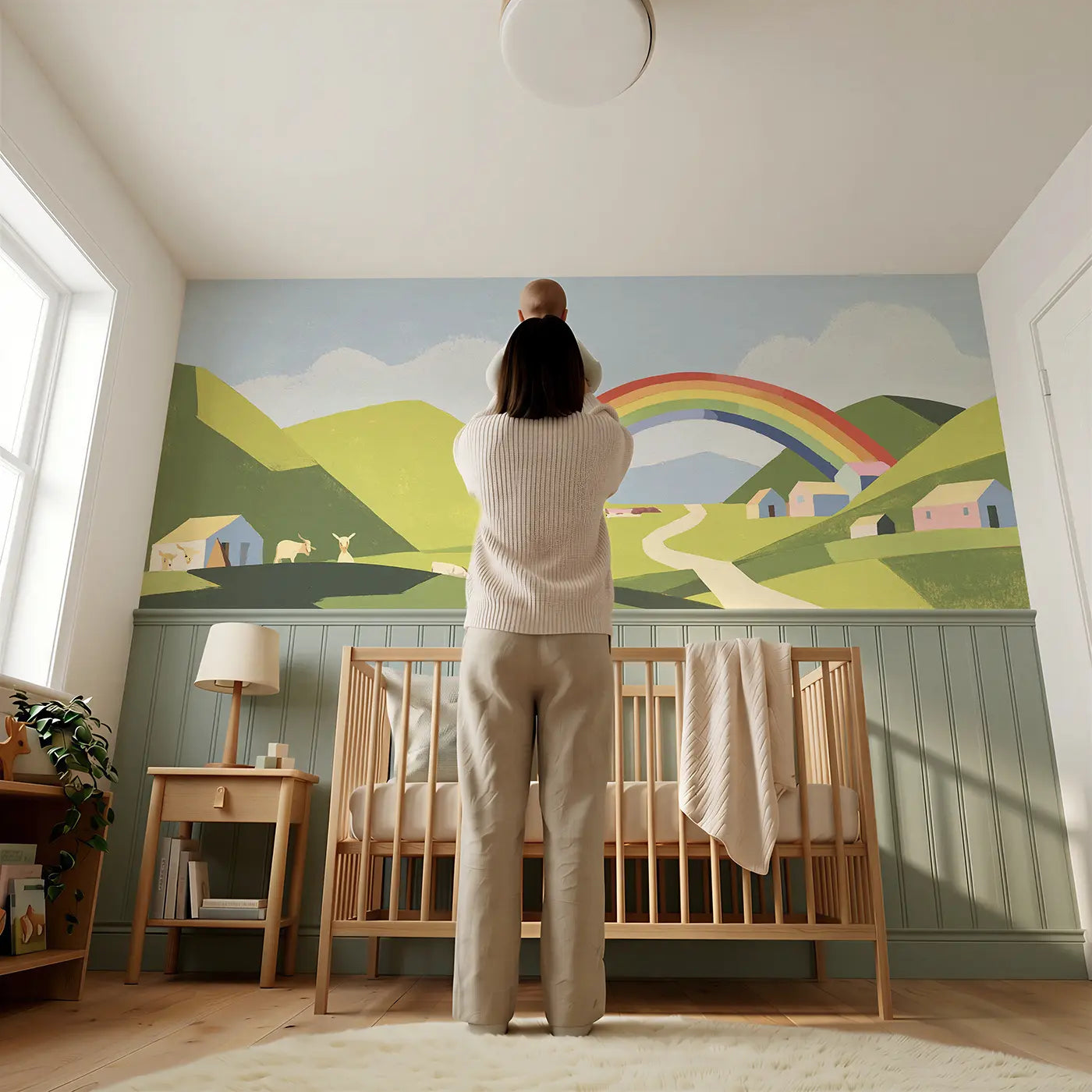 Child reading near Flat Rainbow Valley Wainscoting Wallpaper by Whimsy Tots