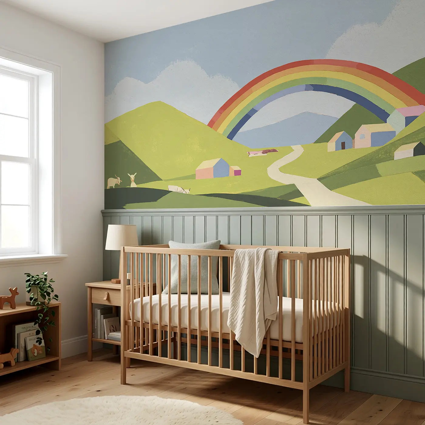 Flat Rainbow Valley Wainscoting Wallpaper styled in a kids bedroom by Whimsy Tots