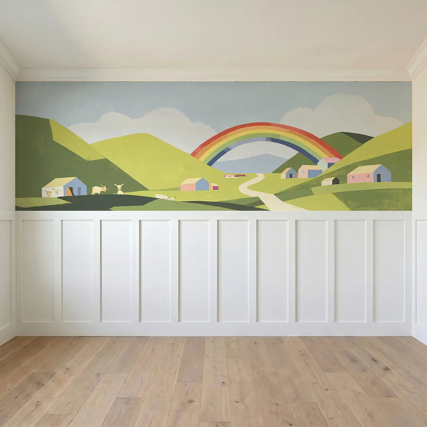 Full panel view of Flat Rainbow Valley Wainscoting Wallpaper by Whimsy Tots