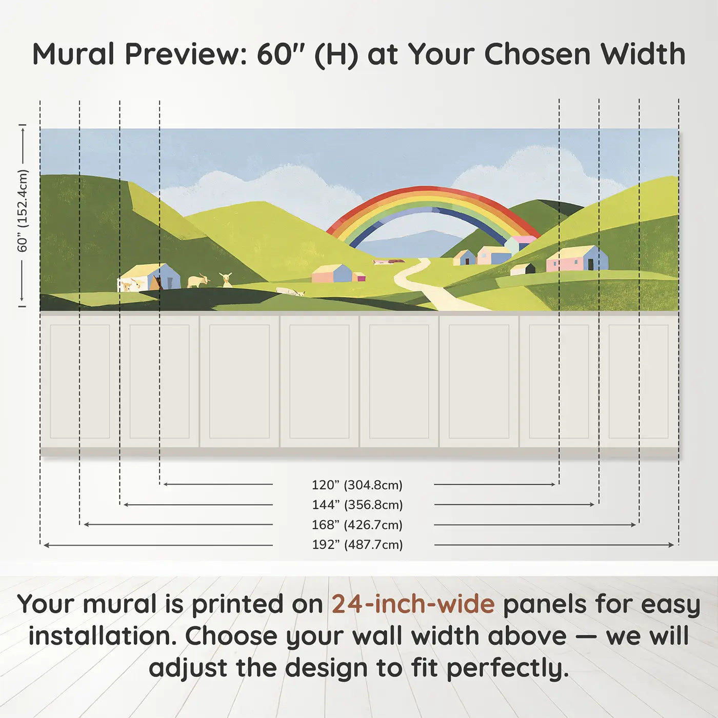 Panel dimensions for Flat Rainbow Valley Wainscoting Wallpaper by Whimsy Tots