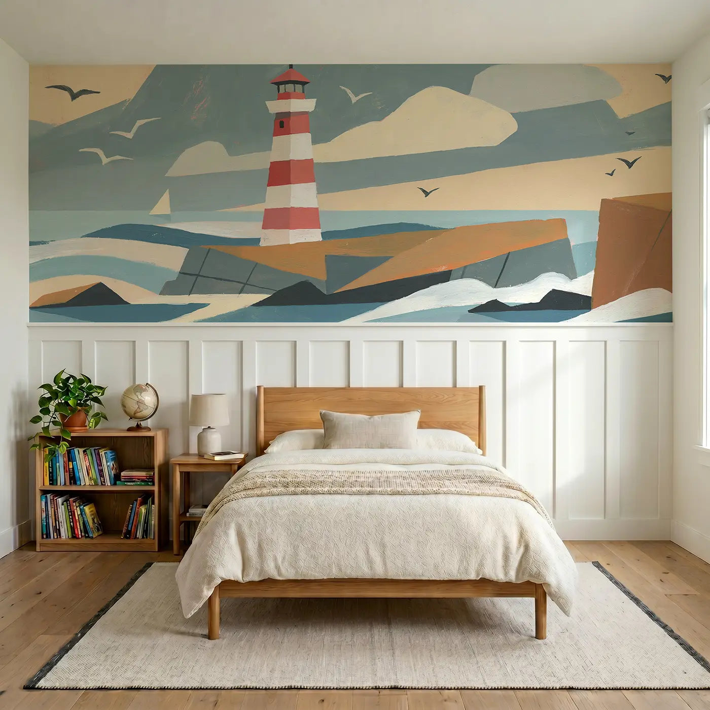 Modern Illustration geometric lighthouse coast wainscoting wallpaper for bedroom by Whimsy Tots