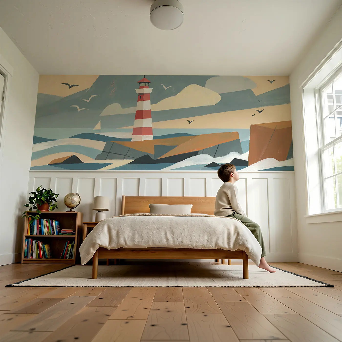 Child reading near Geometric Lighthouse Coast Wainscoting Wallpaper by Whimsy Tots