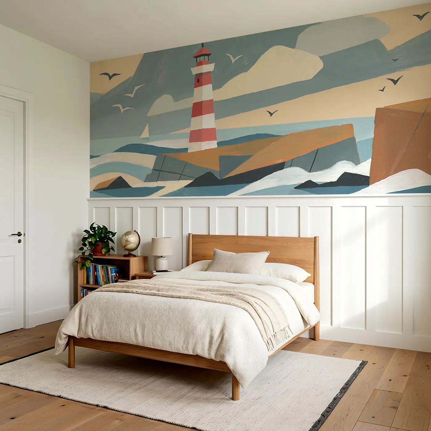 Geometric Lighthouse Coast Wainscoting Wallpaper styled in a kids bedroom by Whimsy Tots