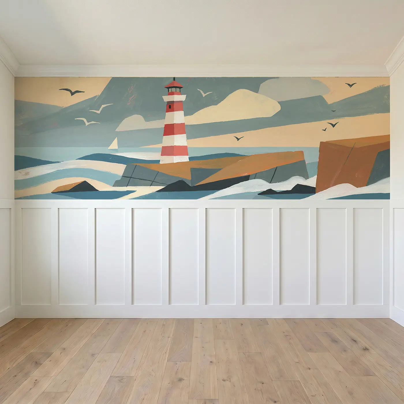 Full panel view of Geometric Lighthouse Coast Wainscoting Wallpaper by Whimsy Tots