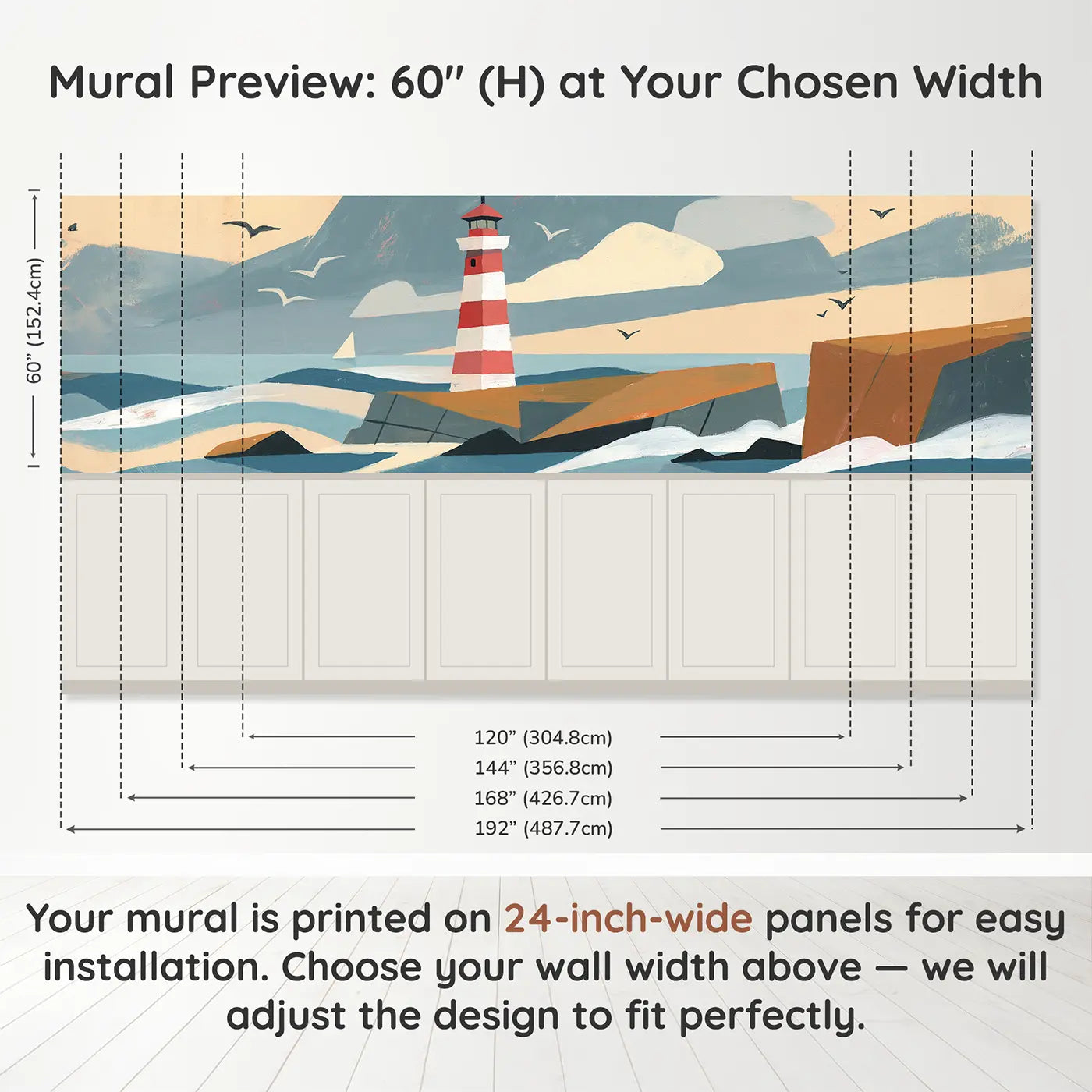 Panel dimensions for Geometric Lighthouse Coast Wainscoting Wallpaper by Whimsy Tots
