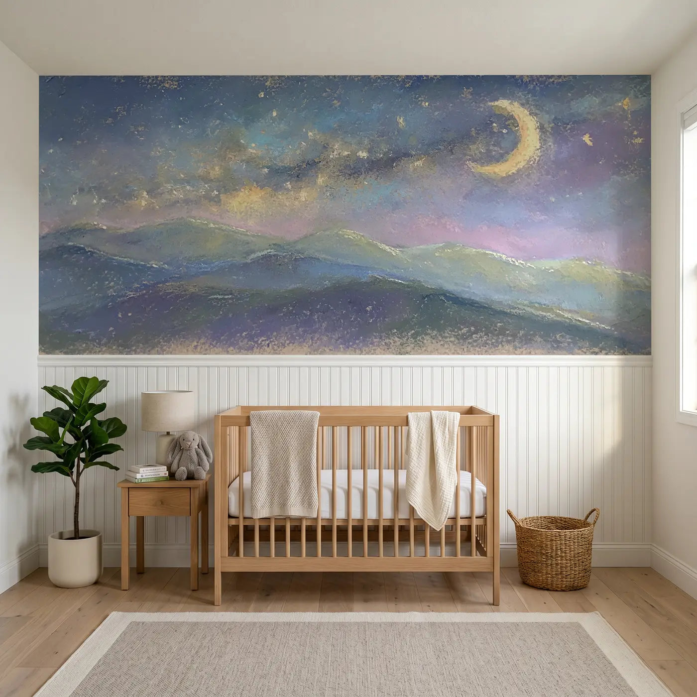 Soft Pastel chalk mountain starlight wainscoting wallpaper for nursery by Whimsy Tots
