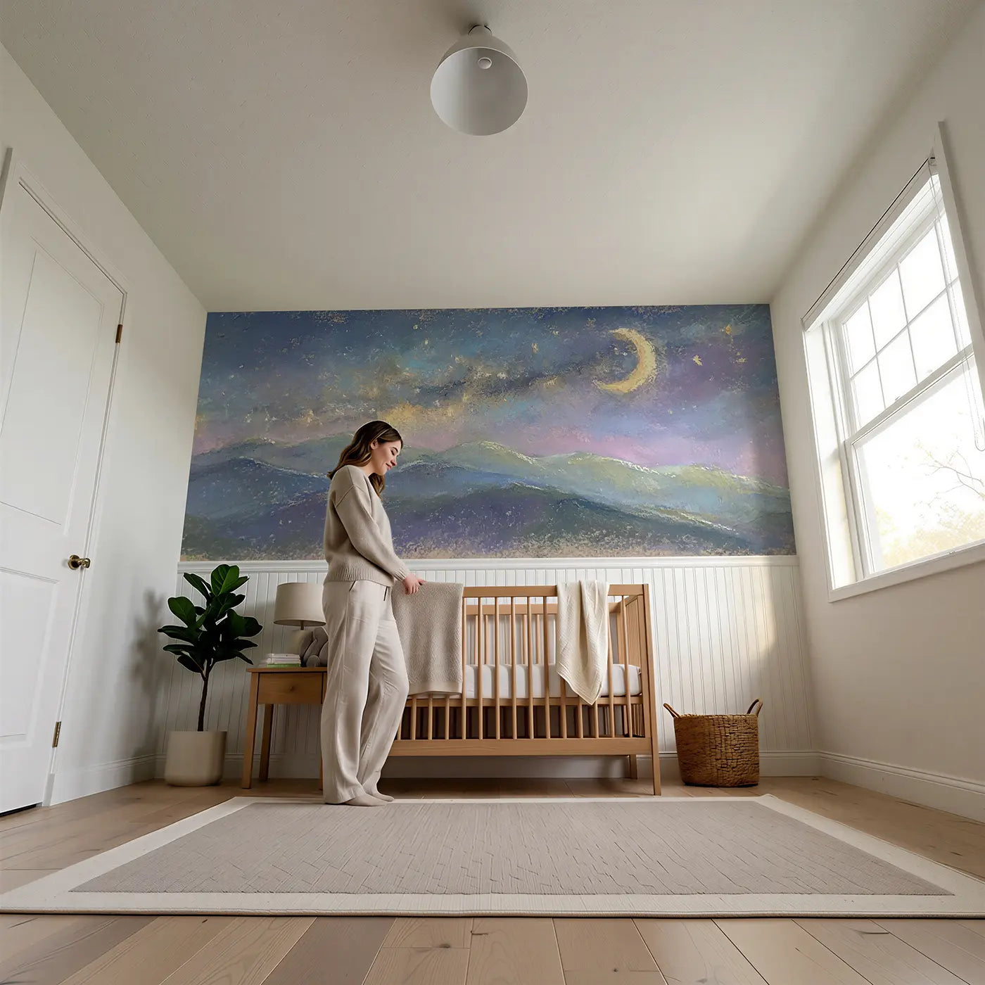 Child reading near Chalk Mountain Starlight Wainscoting Wallpaper by Whimsy Tots