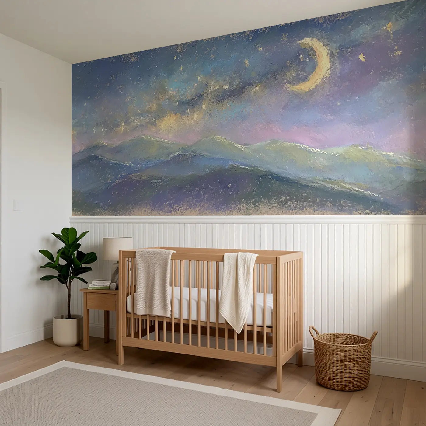 Chalk Mountain Starlight Wainscoting Wallpaper styled in a kids bedroom by Whimsy Tots