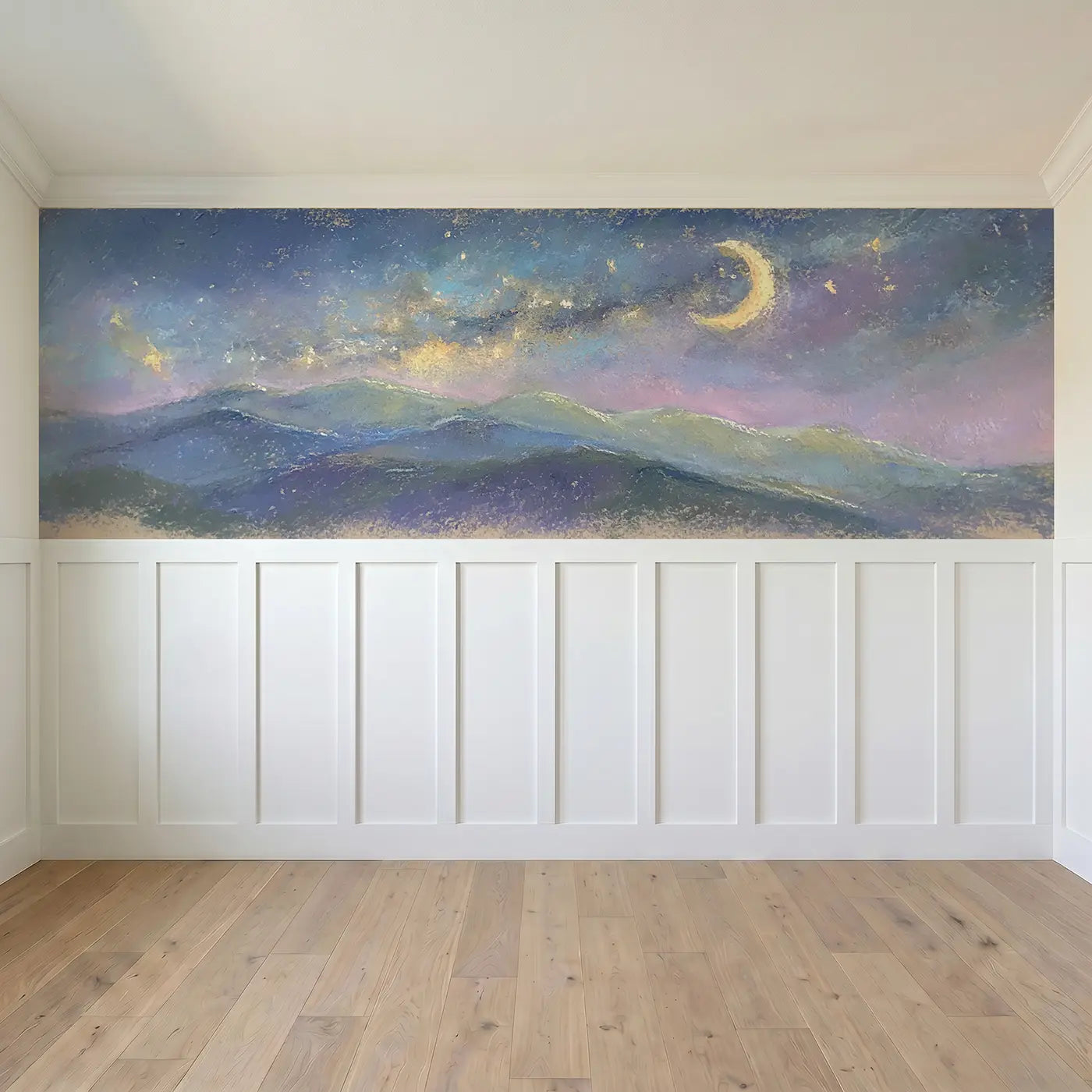 Full panel view of Chalk Mountain Starlight Wainscoting Wallpaper by Whimsy Tots