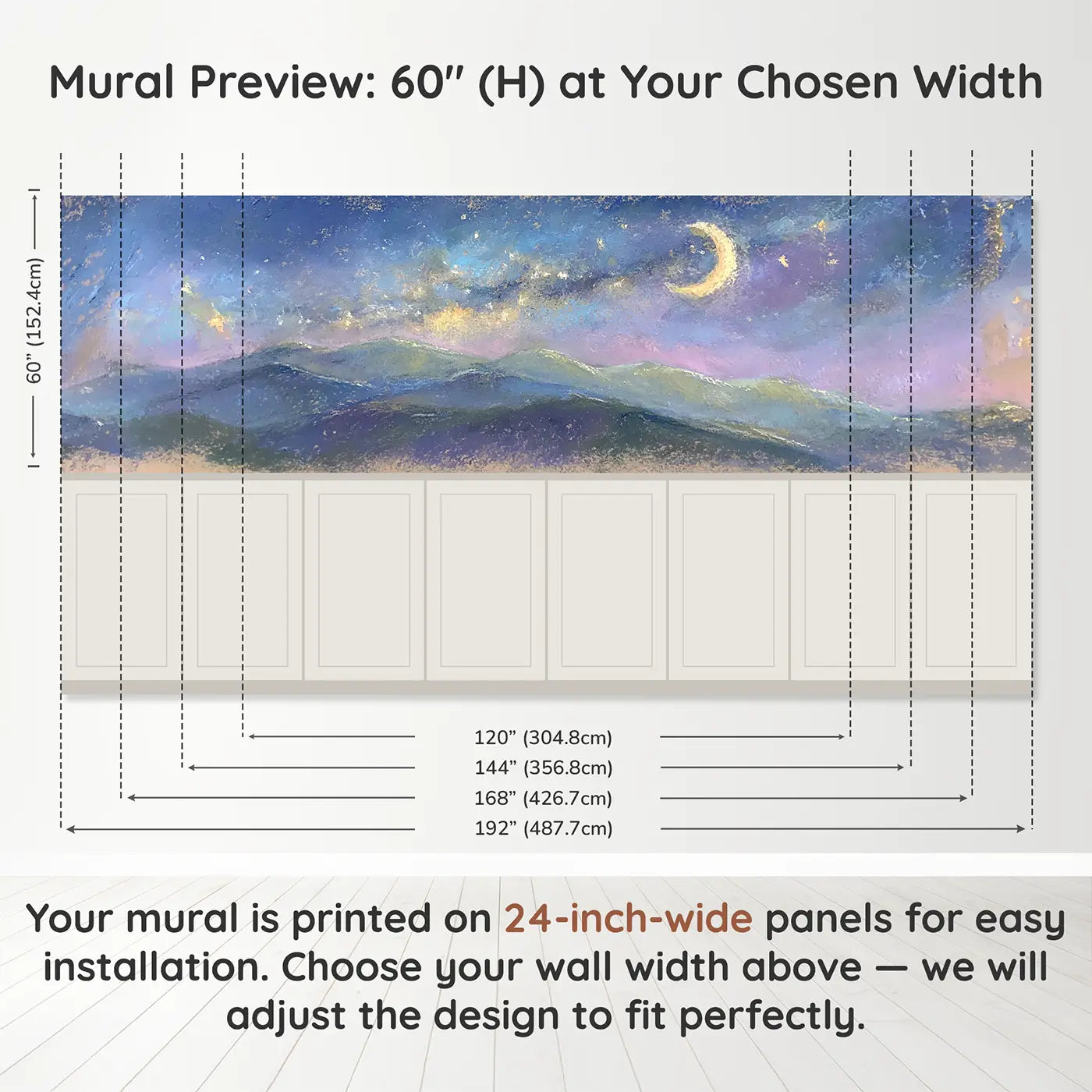Panel dimensions for Chalk Mountain Starlight Wainscoting Wallpaper by Whimsy Tots