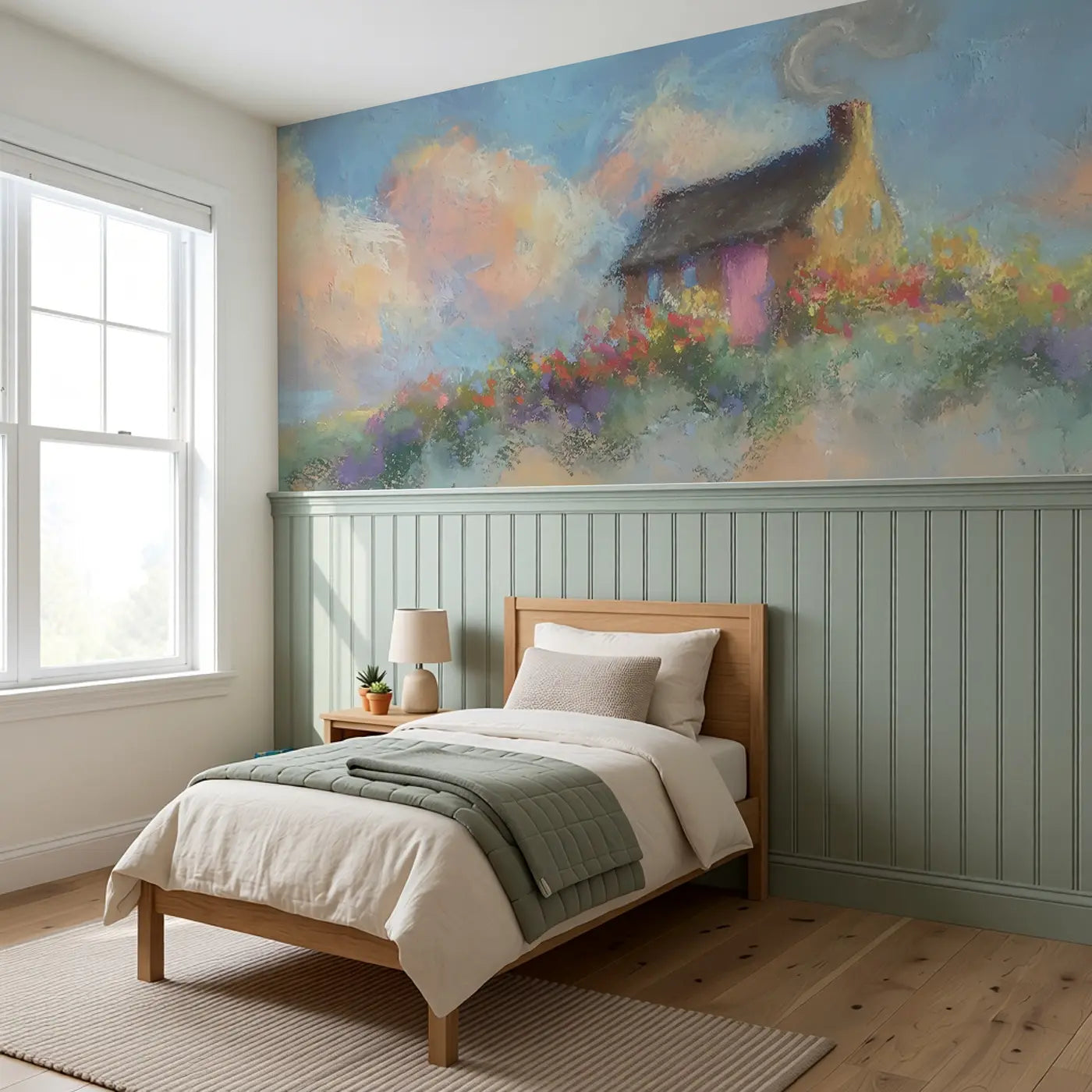 Fuzzy Hill Cottage Morning Wainscoting Wallpaper styled in a kids bedroom by Whimsy Tots