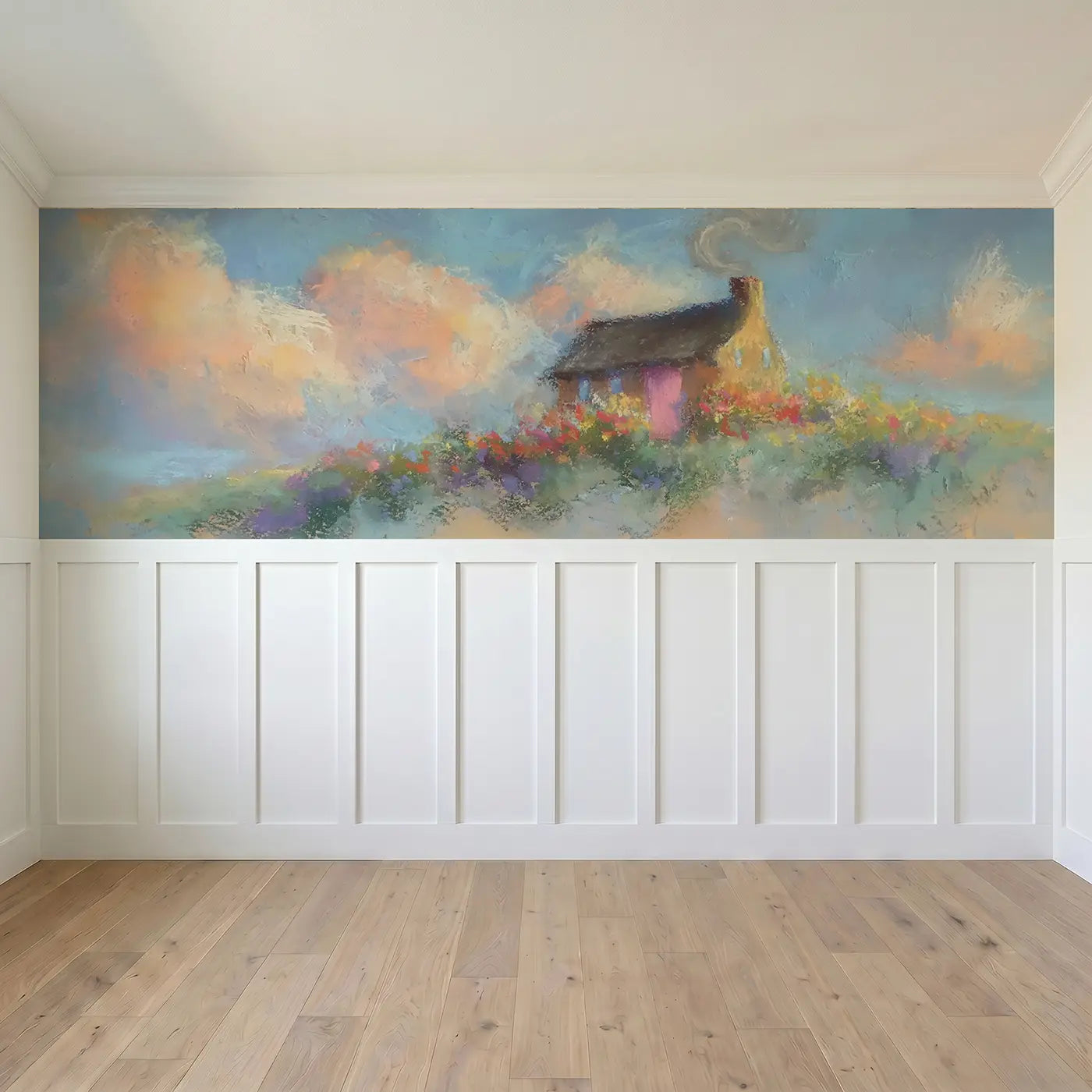Full panel view of Fuzzy Hill Cottage Morning Wainscoting Wallpaper by Whimsy Tots