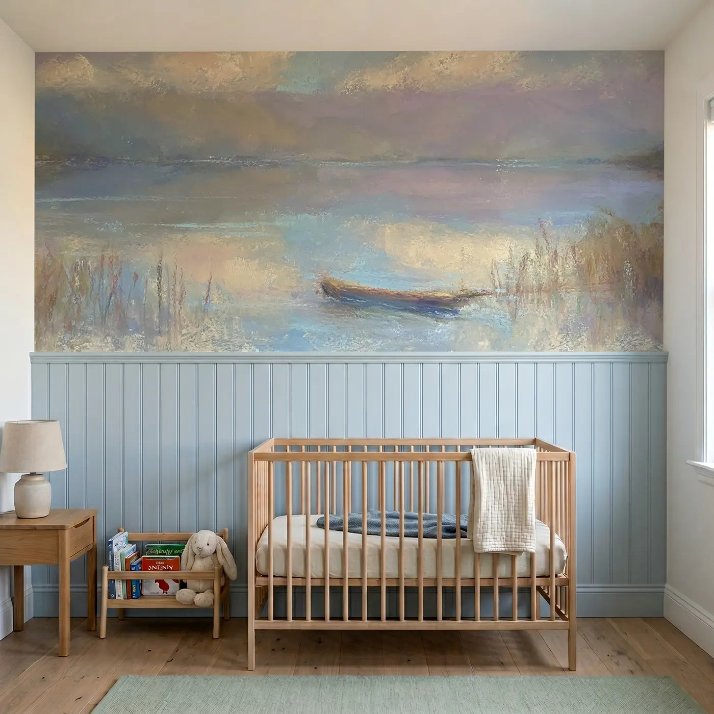 Soft Pastel lake reflection wainscoting wallpaper for nursery by Whimsy Tots