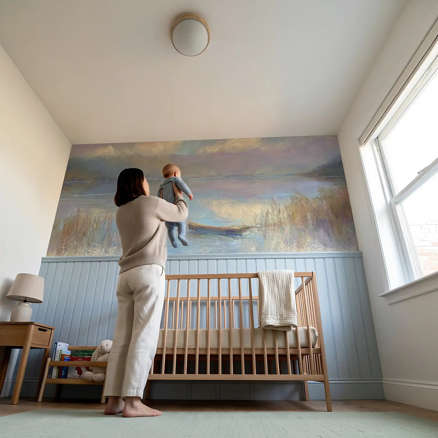 Child reading near Pastel Lake Reflection Wainscoting Wallpaper by Whimsy Tots