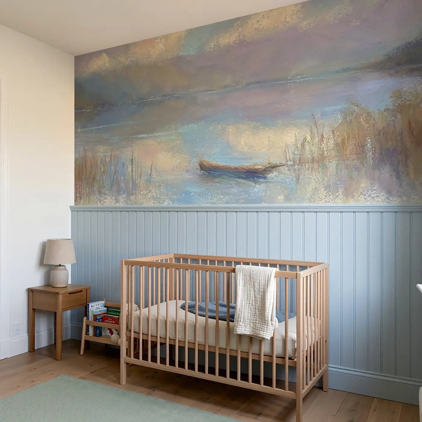 Pastel Lake Reflection Wainscoting Wallpaper styled in a kids bedroom by Whimsy Tots