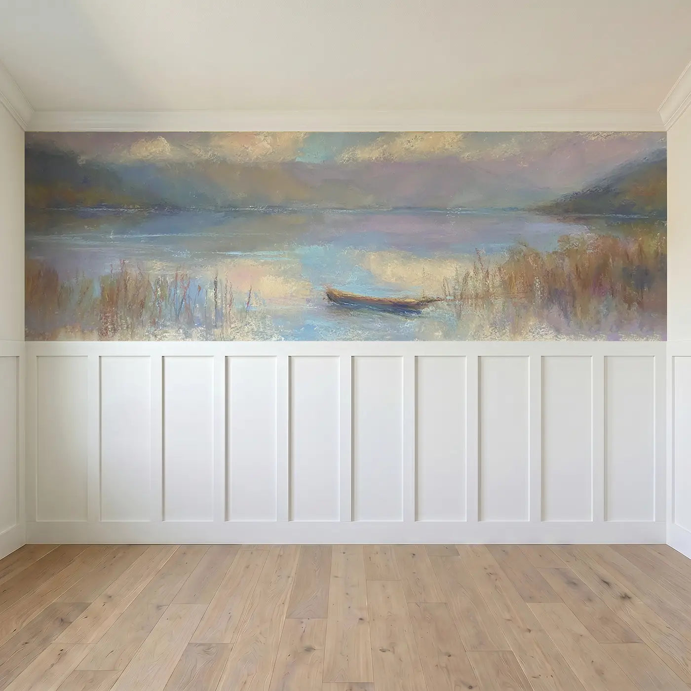 Full panel view of Pastel Lake Reflection Wainscoting Wallpaper by Whimsy Tots