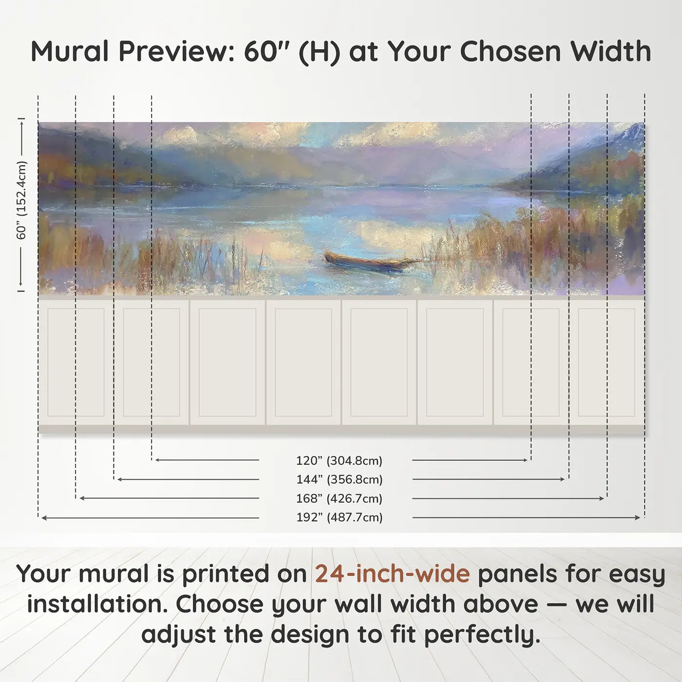 Panel dimensions for Pastel Lake Reflection Wainscoting Wallpaper by Whimsy Tots