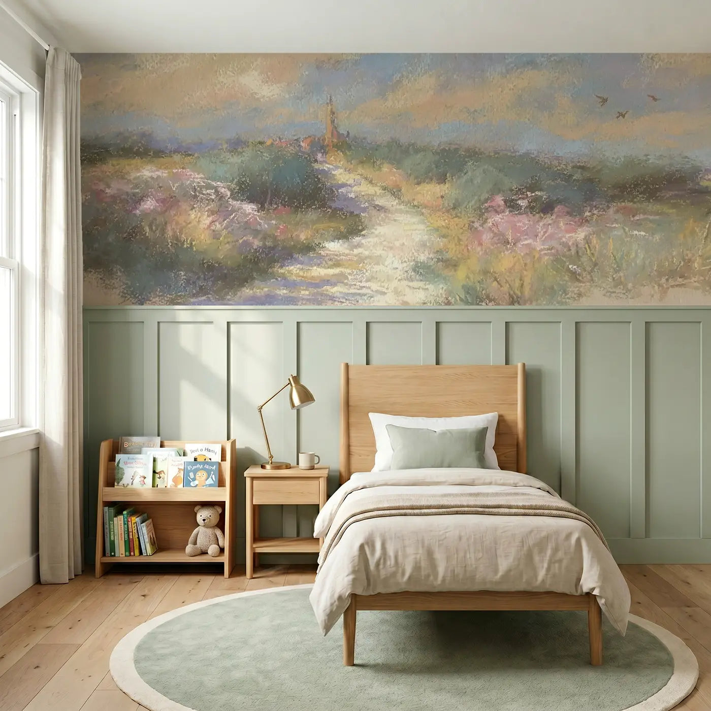 Soft Pastel chalk countryside path wainscoting wallpaper for nursery by Whimsy Tots