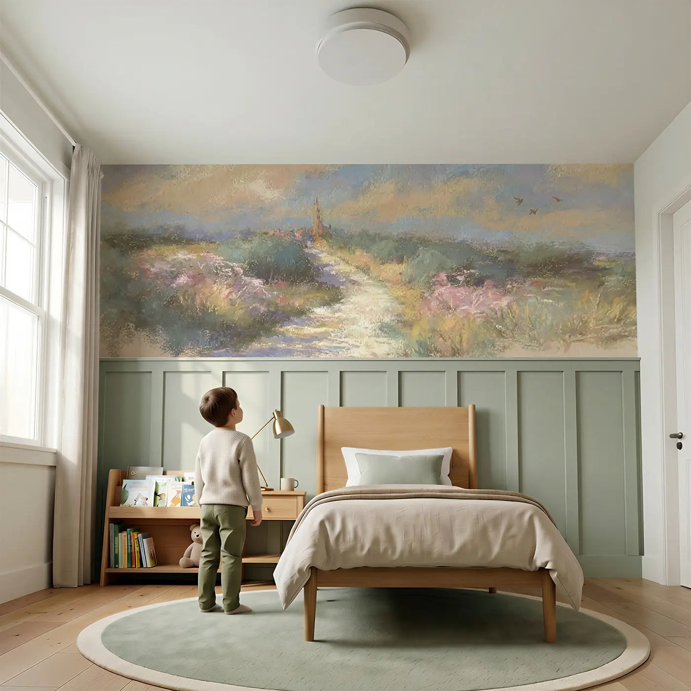 Child reading near Chalk Countryside Path Wainscoting Wallpaper by Whimsy Tots