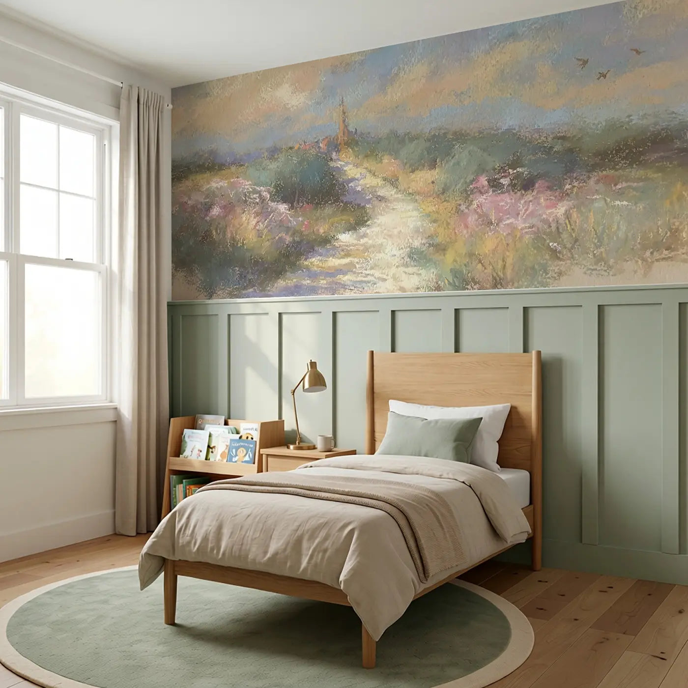 Chalk Countryside Path Wainscoting Wallpaper styled in a kids bedroom by Whimsy Tots